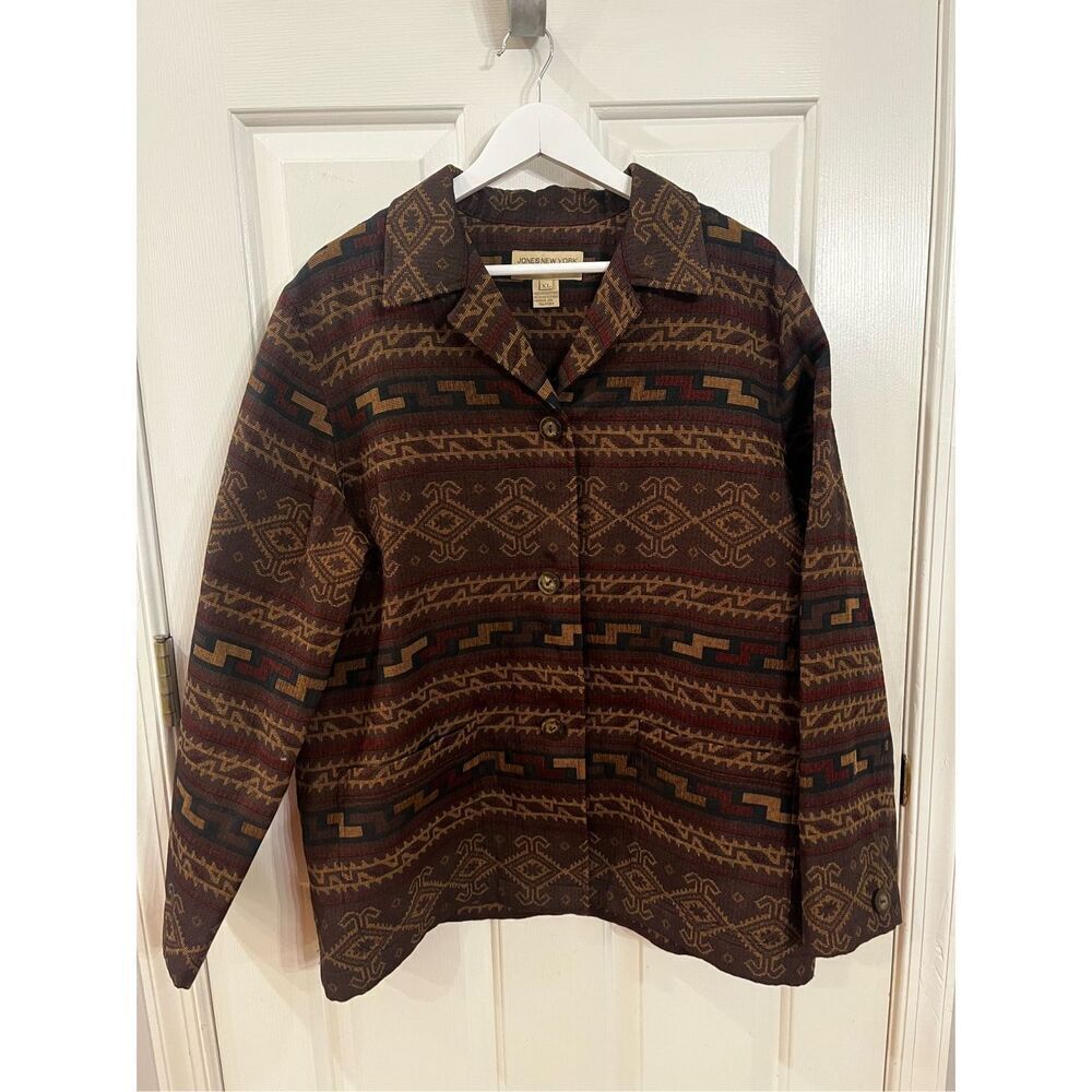 Jones New York Country Brown Tribal Western Pattern Blazer Jacket sz XL EUC